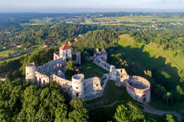 Ruiner Medeltida Tenczyn Slott Rudno Nära Krakow Polen Flygfoto Soluppgången — Stockfoto