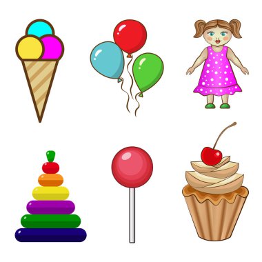 vektör çizim, tatlılar ve çocukların oyuncakları simgeleri bir dizi