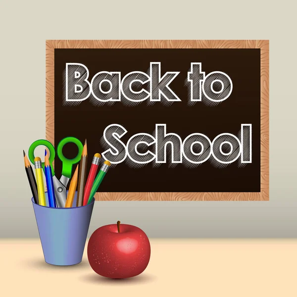 resimde, bir tahta bir yazıt tebeşir ile vektör, okul, kalem ile bir bardak ve bir elma için geri