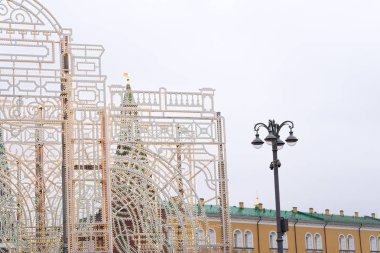 Yeni yıl ışık kurulum, Moskova Kremlin, Noel tatili, şehir manzarası arka planı