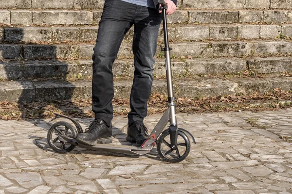 Boy Scooter Rides Road Bike Path — Stock Photo, Image