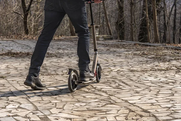 Boy Scooter Rides Road Bike Path — Stock Photo, Image