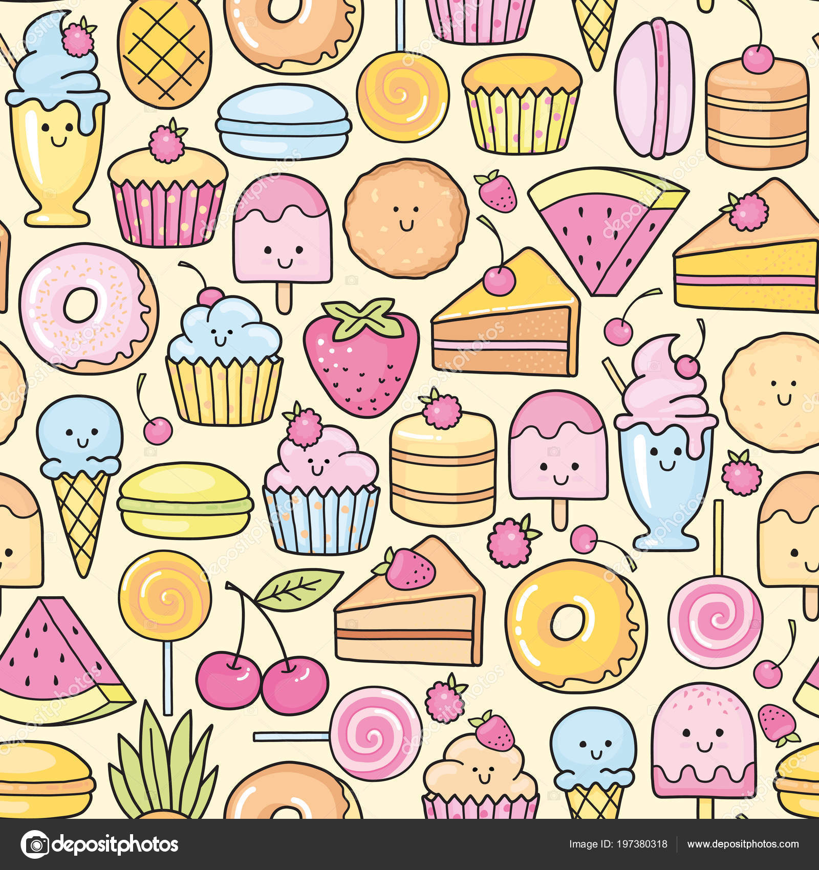 Bezešvé Pozadí Sladká Dezertní Doodle Vzorek Cute Dort ...