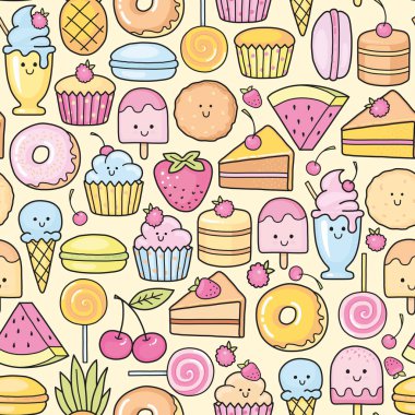 Tatlı ve tatlı doodle sorunsuz arka plan. Desen tatlı pasta, tatlı donat, karikatür çerezleri ve macaron