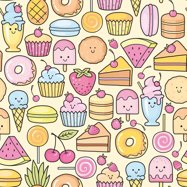 Fundo Sem Costura Doce Sobremesa Doodle Padrão Wiht Bolo Bonito —  Vetores de Stock