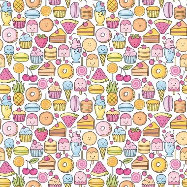 Tatlı ve tatlı doodle sorunsuz arka plan. Desen tatlı pasta, tatlı donat, karikatür çerezleri ve macaron