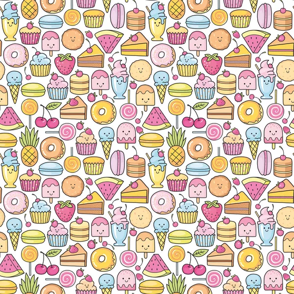 甘いものやデザートの落書きのシームレスな背景は かわいいケーキ 甘いドナ 漫画クッキー マカロンとパターン — ストックベクタ