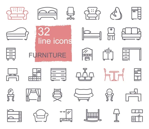 Conjunto Iconos Muebles Línea Esquema Colección Iconos Web — Archivo Imágenes Vectoriales