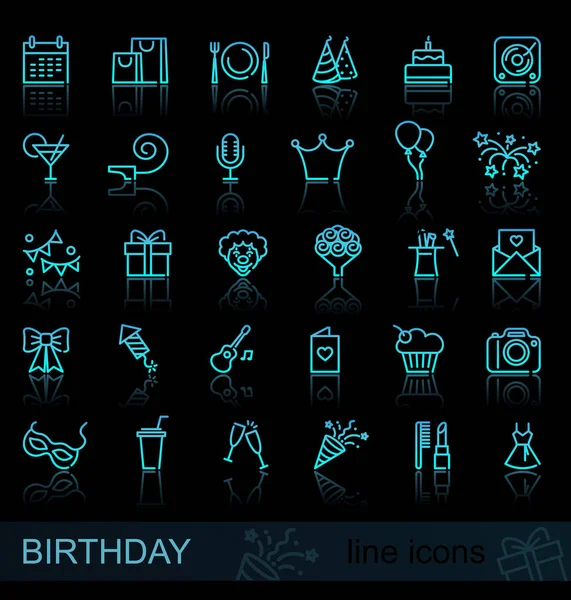 Happy Birthday Party Line Icon Set Mit Reflexion Vektorillustration — Stockvektor