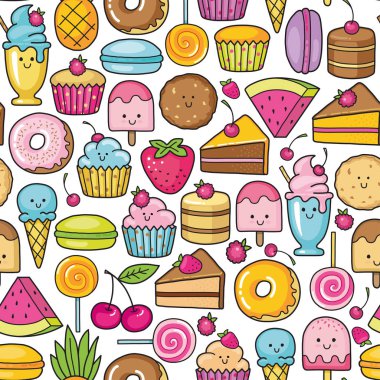 Tatlı ve tatlı doodle sorunsuz arka plan. Desen tatlı pasta, tatlı donat, karikatür çerezleri ve macaron
