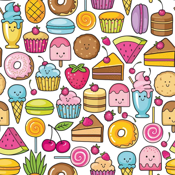 Tatlı ve tatlı doodle sorunsuz arka plan. Desen tatlı pasta, tatlı donat, karikatür çerezleri ve macaron