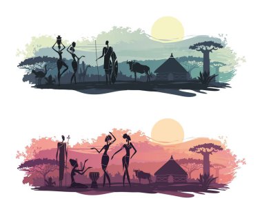 Ulusal konut, baobabs, akasya, manda ve yerliler siluetleri ile Afrika günbatımı