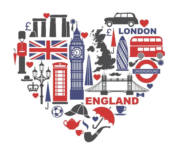 Anglia Londyn Wielka Brytania Kolekcja Płaskie Ikony Postaci Serca Ilustracja — Wektor stockowy