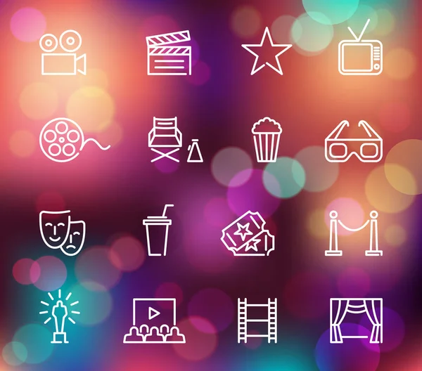 Iconos de la línea de cine en el fondo colorido con luces desenfocadas — Vector de stock