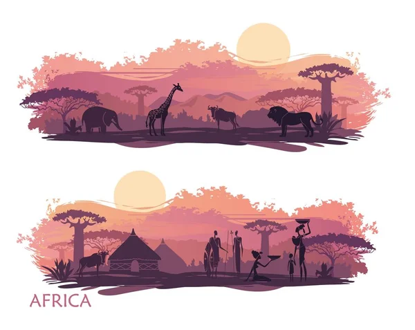 Пейзаж Африки Силуэтами Коренного Населения Диких Животных — стоковый вектор