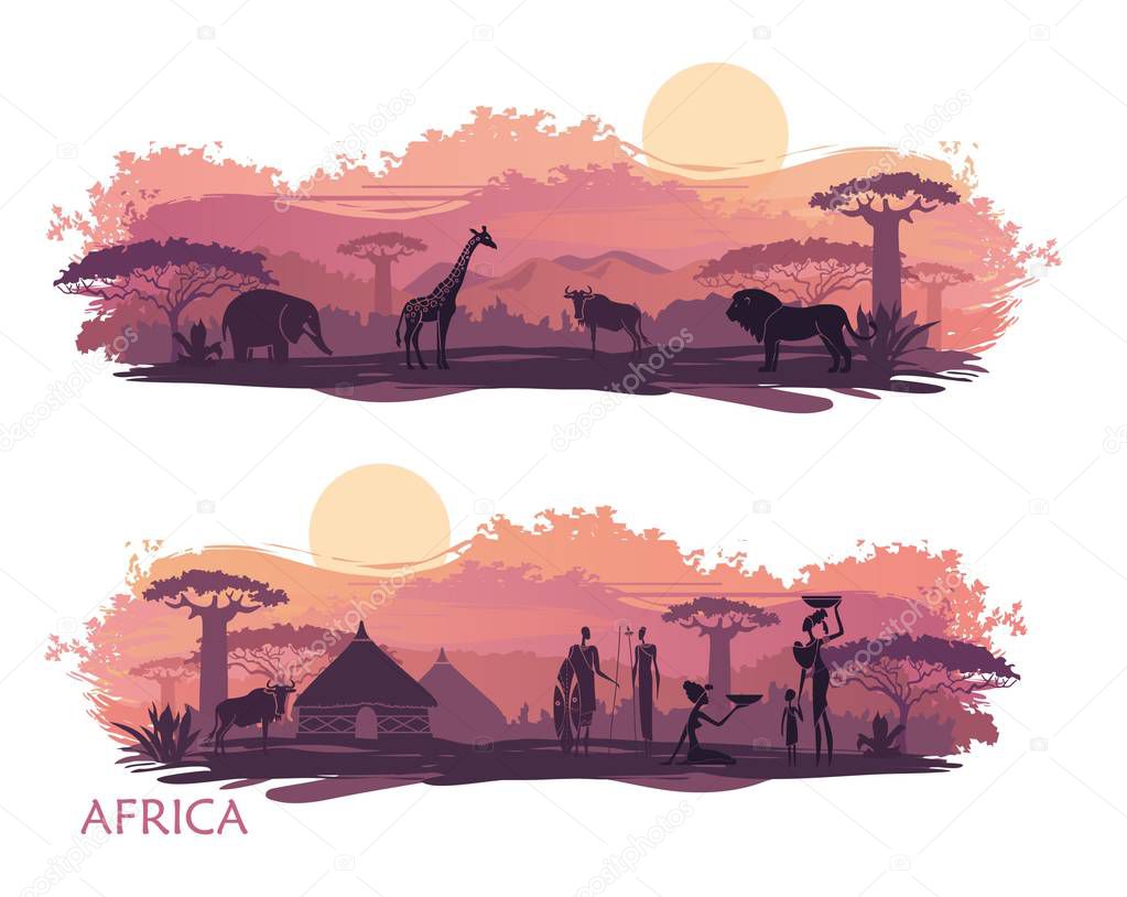 Landscape of Africa with the silhouettes of the indigenous people and wild animals