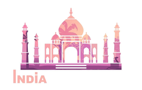 Silueta estilizada del Taj Mahal con los símbolos de la India — Vector de stock