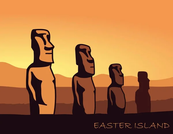 El paisaje de la isla de Pascua con las famosas esculturas al atardecer — Vector de stock