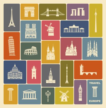 Koleksiyon Avrupa'nın siluetleri ayrıntılı. Seyahat yerler ayarla. vektör çizim. Londra, Paris, Prag, Barcelona, Moskova Roma Atina Berlin
