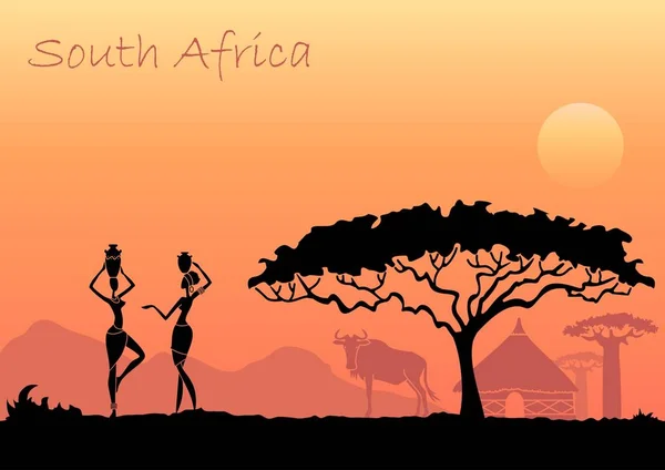 Африканский Закатный Пейзаж Силуэтами Людей Животных Деревьев — стоковый вектор