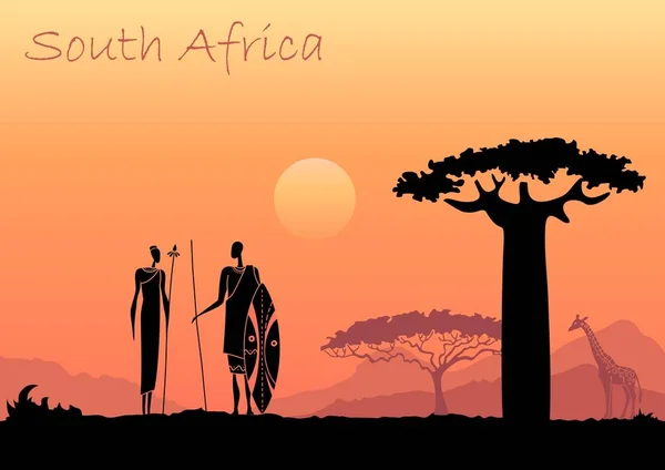 Paysage Africain Coucher Soleil Avec Des Silhouettes Personnes Animaux Arbres — Image vectorielle