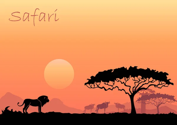 Άγρια Ζώα Στο Σκηνικό Στο Αφρικανικό Ηλιοβασίλεμα — Διανυσματικό Αρχείο