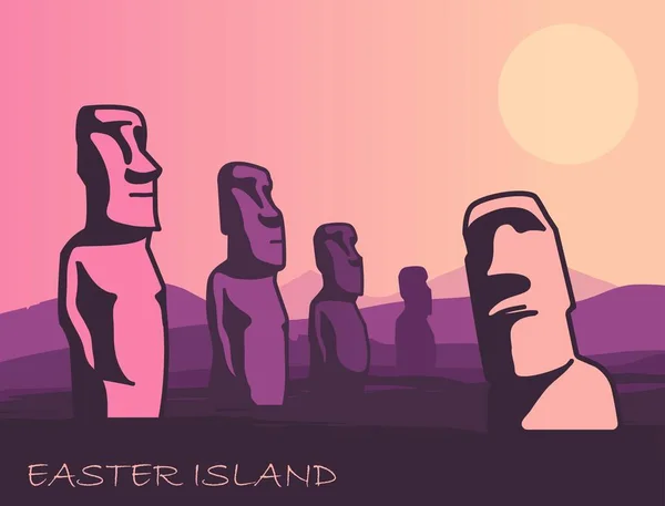 The landscape of Easter island with the famous sculptures at sunset. Vector Illustration