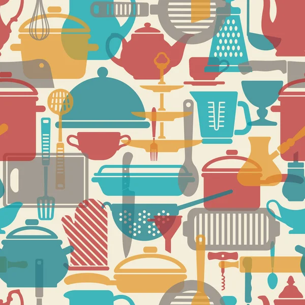 Безшовний Векторний Візерунок Посудом Кухонний Фон Кухонне Начиння Кухонні Інструменти — стоковий вектор