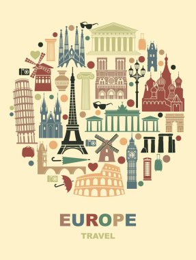 Koleksiyon Avrupa'nın siluetleri bir daire şeklinde ayrıntılı. Seyahat yerler ayarla. vektör çizim. Londra, Paris, Prag, Barcelona, Moskova Roma Atina Berlin