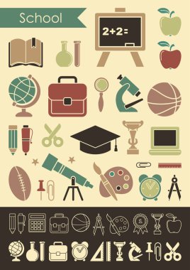 Okul ve eğitim konulu simgeler. Düz ve doğrusal simgeler koleksiyonu