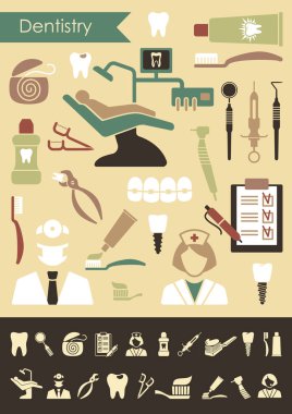 Diş Hekimliği ve diş bakımı stilize düz sembolleri