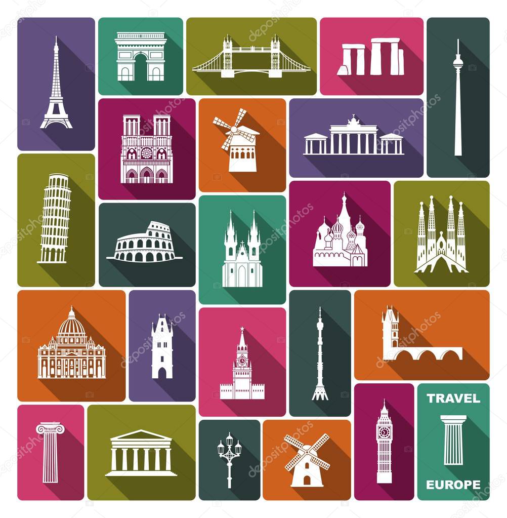Collection of Europe detailed silhouettes. Set Travel Landmarks. vector illustration. London, Paris, Prague, Barcelona, Moscow Rome Athens Berlin