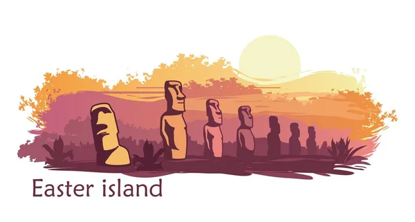 The landscape of Easter island with the famous sculptures at sunset. Vector Illustration
