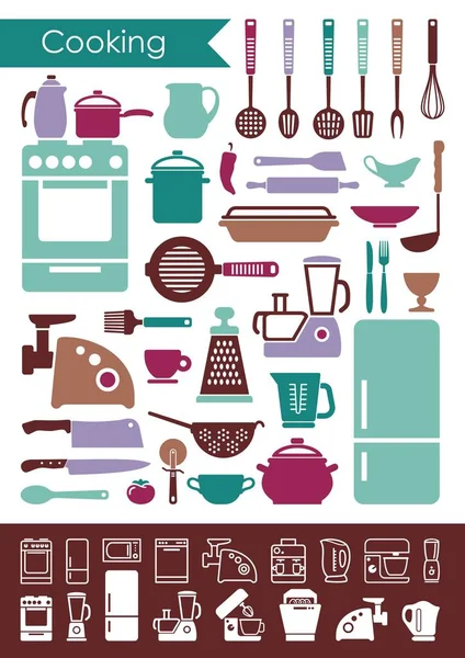 Collection Icons Kitchen Utensils Household Appliances Flat Linear Cooking Icons — Stock Vector