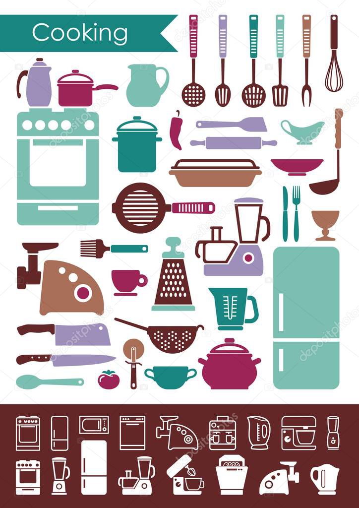 Collection of icons of kitchen utensils and household appliances. Flat and linear cooking icons
