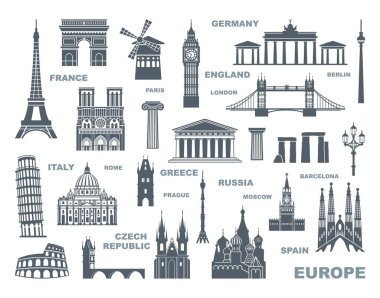 Koleksiyon Avrupa'nın siluetleri ayrıntılı. Seyahat yerler ayarla. vektör çizim. Londra, Paris, Prag, Barcelona, Moskova Roma Atina Berlin