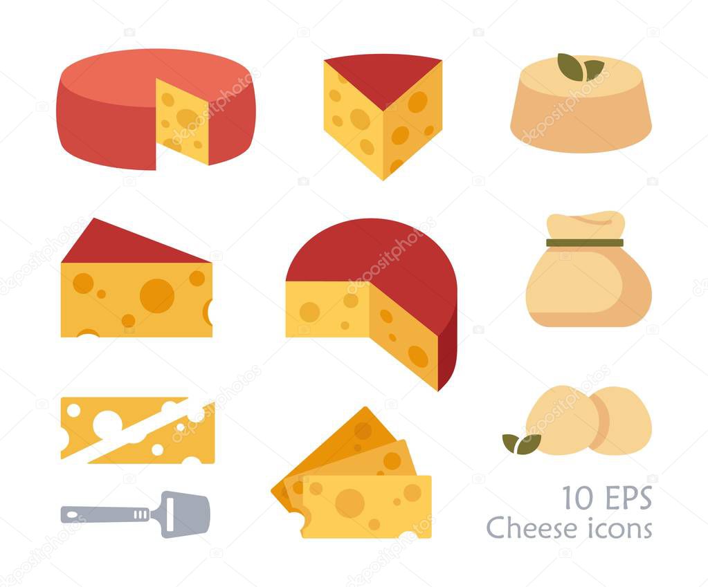 Pieces of cheese icons on white background. Different cheese types in flat style. Vector illustration.