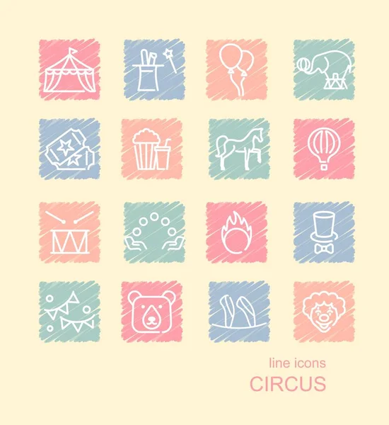 Circus Icons Set Linear Style Spots Drawn Crayons Vector Illustration — Stock Vector