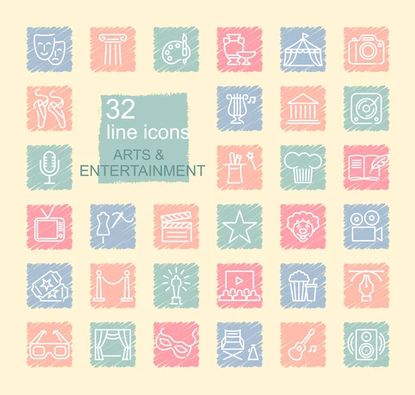 Art Entertainment Set Linear Icons Spots Drawn Crayons — Stock Vector