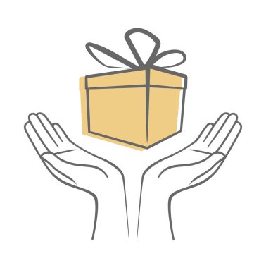 Şerit ve yay bir hediye kutusu holding eller. Resimde elinde tarzı çizilmiş