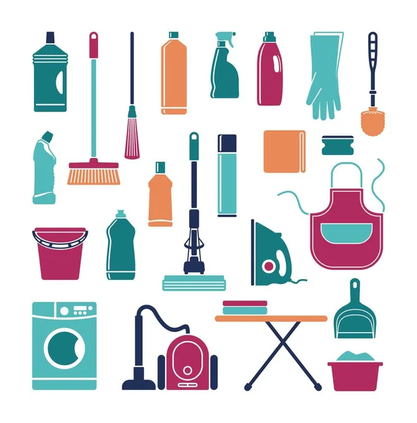 Ikon Aksesoris Dan Sarana Untuk Membersihkan Mencuci Dan Menyetrika - Stok Vektor