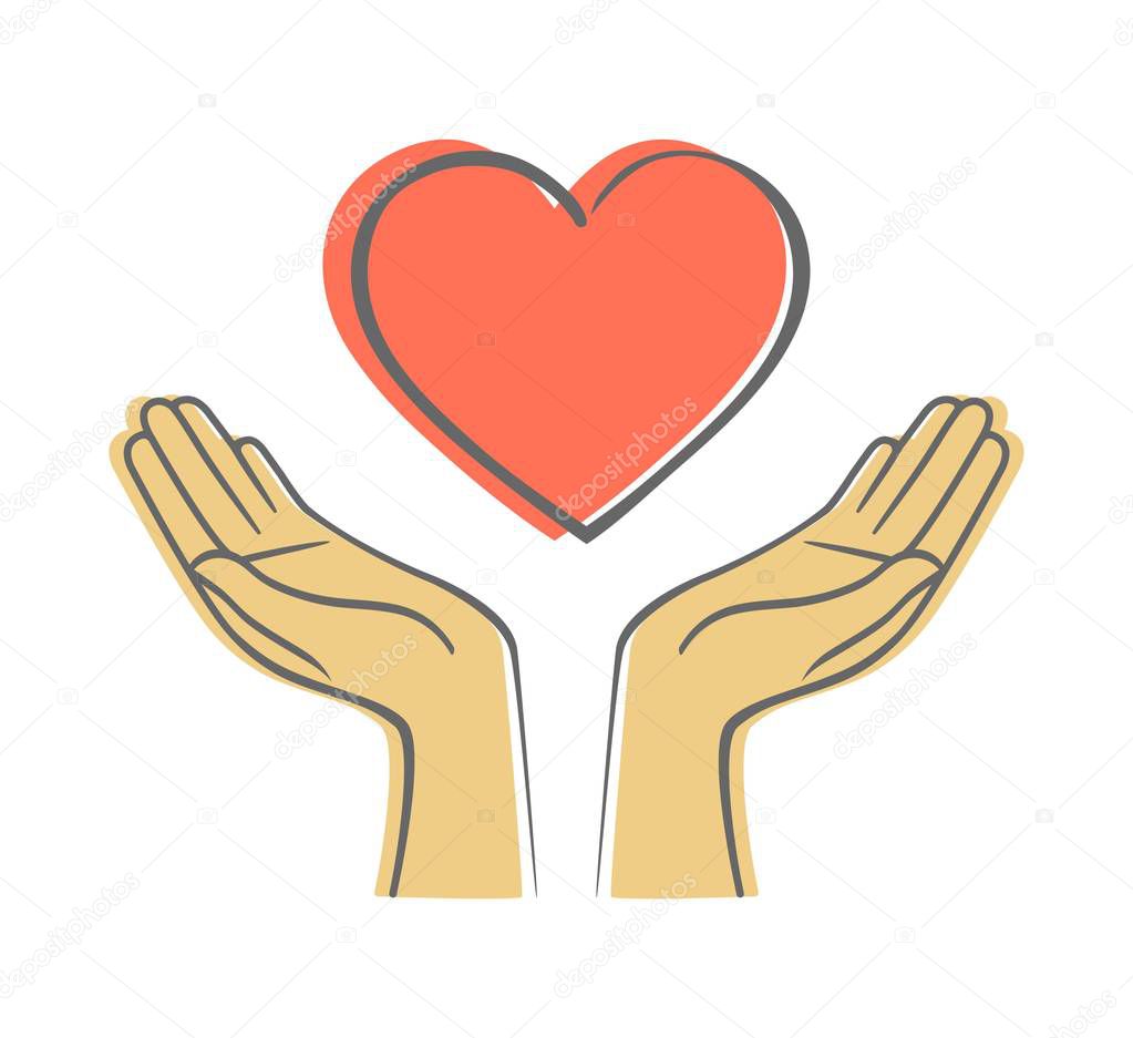 Hand holding heart shape, Hand draw vector icon.