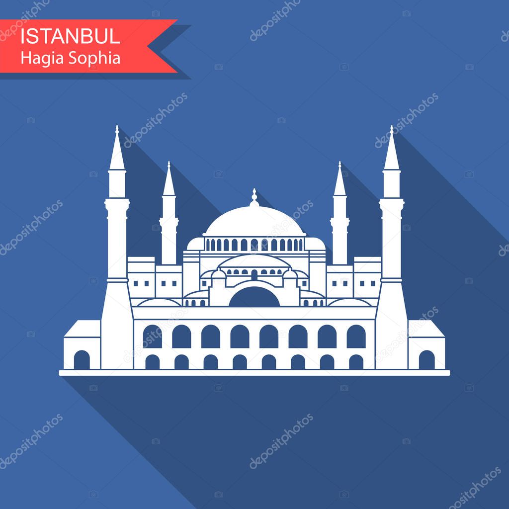 Hagia Sophia in Istanbul, Turkey. Vector, illustration. Flat icon with long shadow