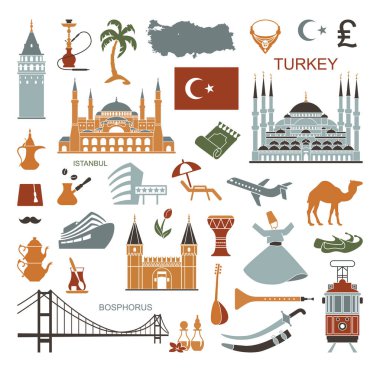 Ülke Kültür Bakanlığı ve geleneksel simgeler kümesi. Simgeler Camii ve kule, nargile, çay, müzik aletleri, silah koleksiyonu