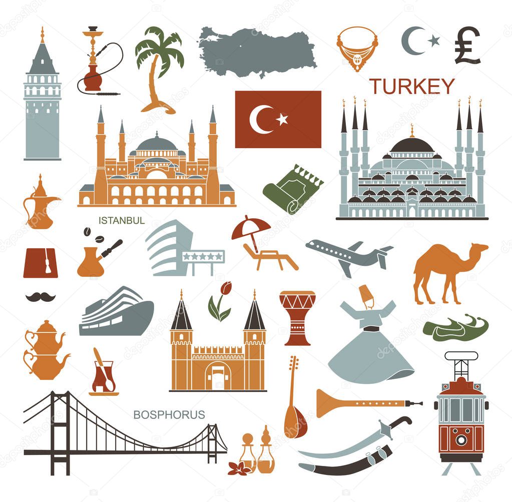 Set of country Turkey culture and traditional symbols. Collection of icons mosque and tower, hookah, tea, musical instruments, weapons