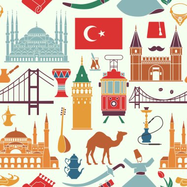 Desen ülke Türkiye'nin kültür ve geleneksel semboller ile. Simgeler Camii ve kule, nargile, çay, müzik aletleri, silah ile sorunsuz arka plan