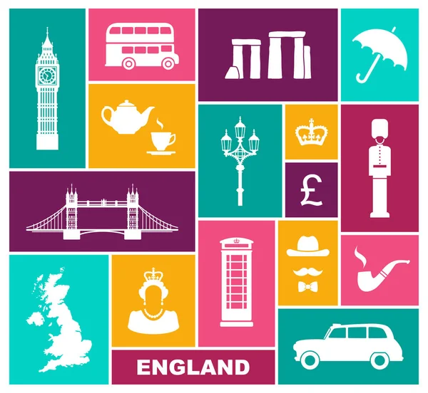 Σύμβολα Της Αγγλίας Και Στο Λονδίνο Χρωματιστά Ορθογώνια Επίπεδες Εικόνες — Διανυσματικό Αρχείο