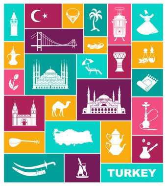 Ülke Kültür Bakanlığı ve geleneksel simgeler kümesi. Simgeler Camii ve kule, nargile, çay, müzik aletleri, silah koleksiyonu
