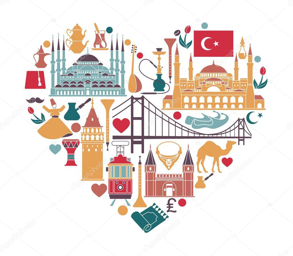 Set of country Turkey culture and traditional symbols. Collection of icons mosque and tower, hookah, tea, musical instruments in the form of heart