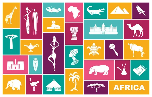 Simboli tradizionali dell'Africa. Icone vettoriali piatte — Vettoriale Stock